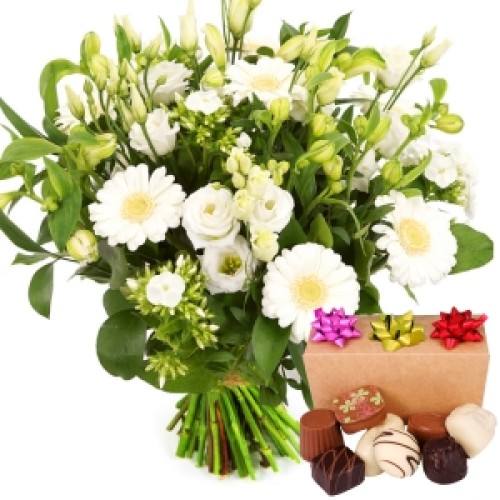 Father's Day white bouquet + 300 grams of chocolates (Bouquet worth stylish white + Handmade chocolates 300 grams in gift chocolate box)